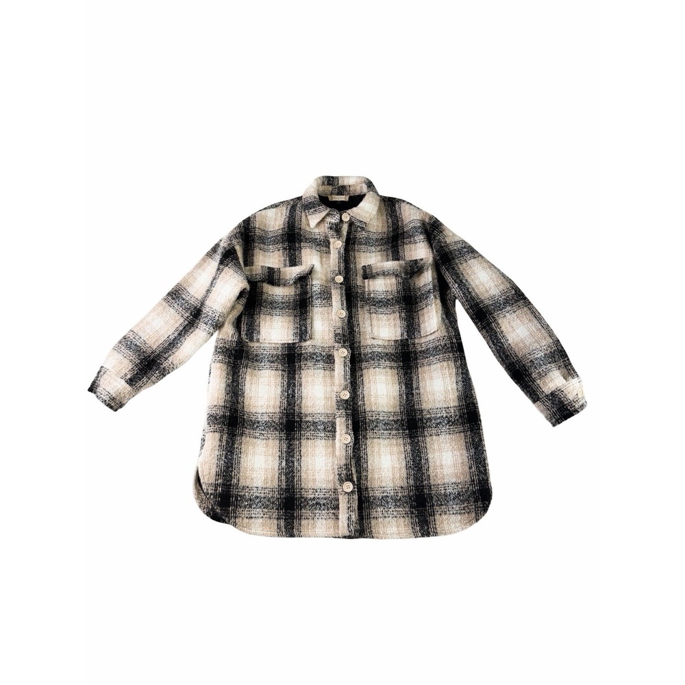 Altar'd State Plaid Shacket Jacket Small Beige Black Wool Blend Button Up Thick
